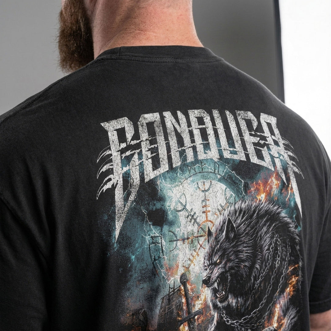 Fenrir relaxed fit tee in Black: an unstoppable wolf warrior standing amidst the ruins of battle