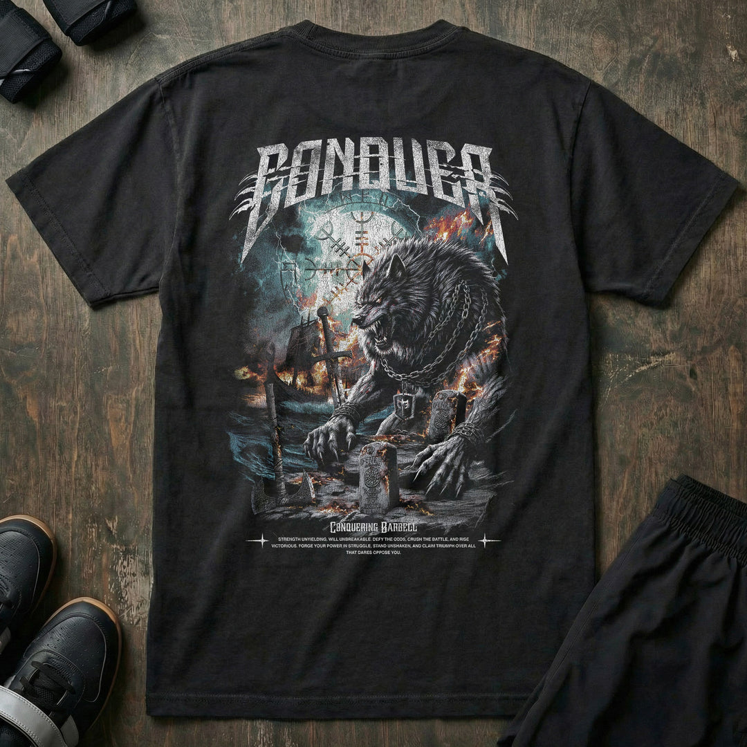 Fenrir relaxed fit tee in Black: an unstoppable wolf warrior standing amidst the ruins of battle
