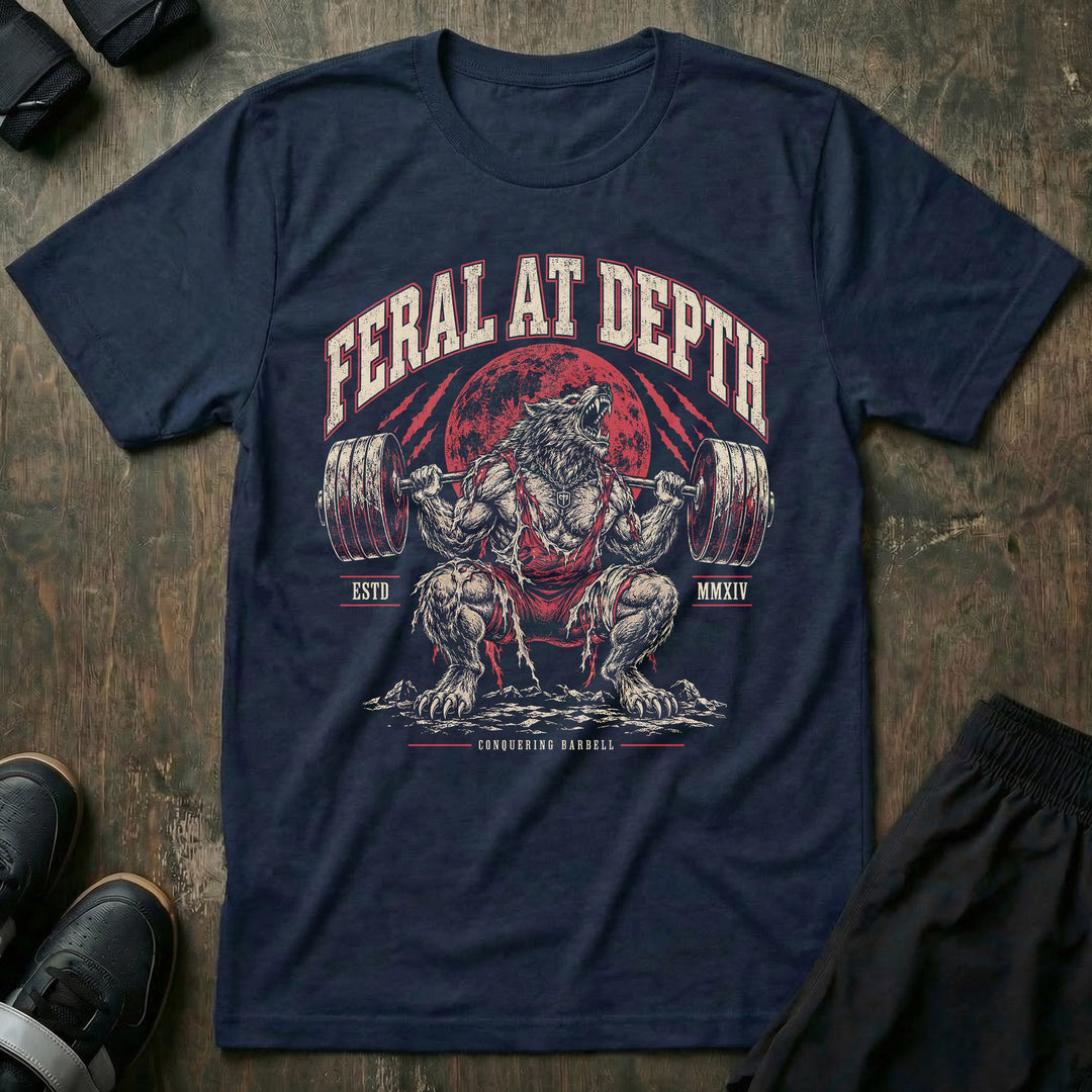 Feral at Depth tee in Navy: a roaring werewolf buried deep in a loaded back squat beneath a blood-red moon