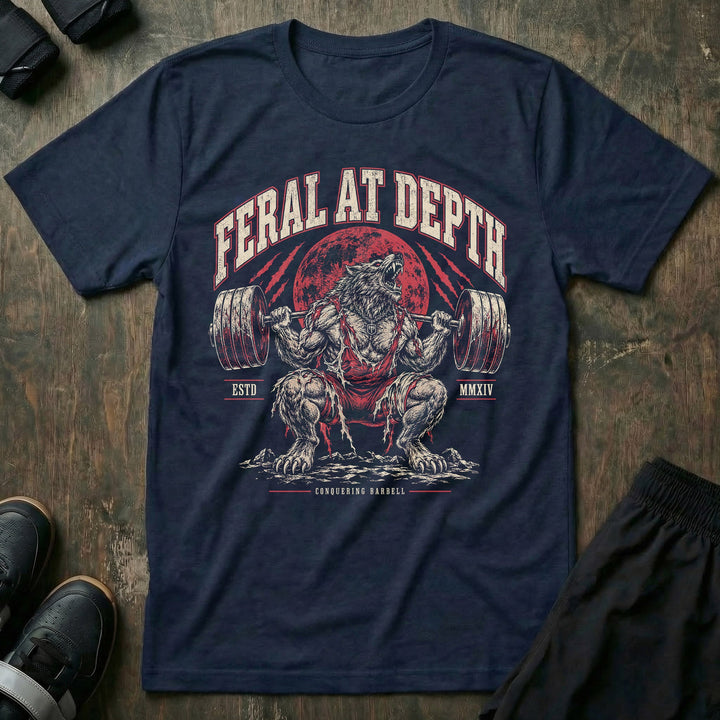 Feral at Depth tee in Navy: a roaring werewolf buried deep in a loaded back squat beneath a blood-red moon