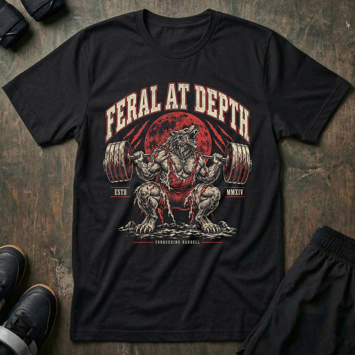 Feral at Depth tee in Black: a roaring werewolf buried deep in a loaded back squat beneath a blood-red moon