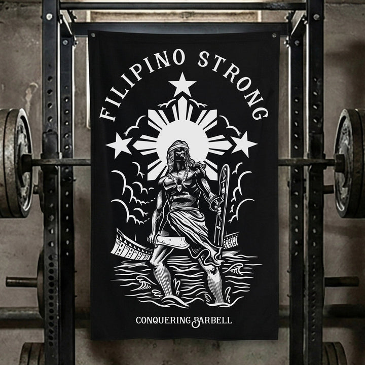 Filipino Strong - Polyester Flag, vertical black gym flag with warrior woman beneath the Philippine sun and stars - Conquering Barbell