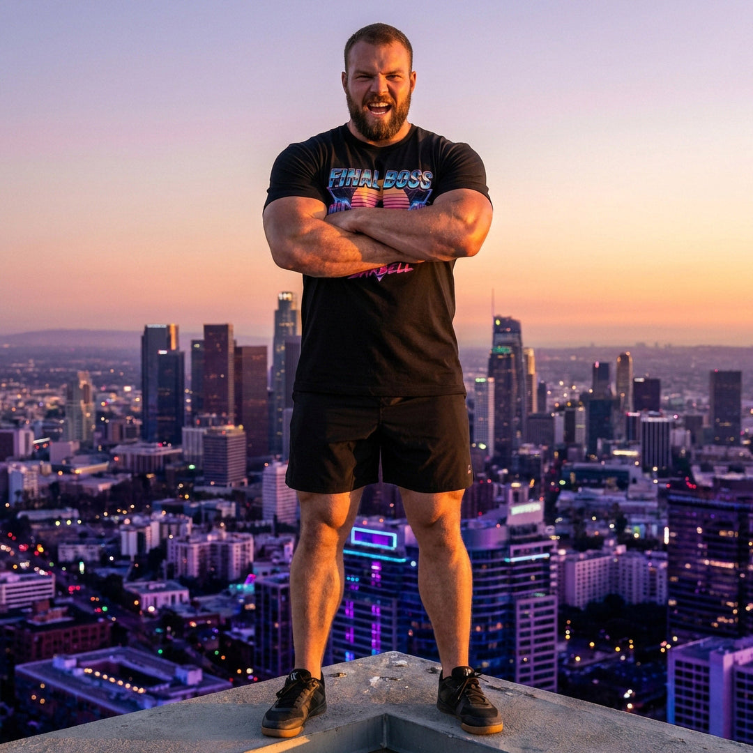 Final Boss tee in Black: a retro 80s-style gorilla squatting heavy against a neon sunset