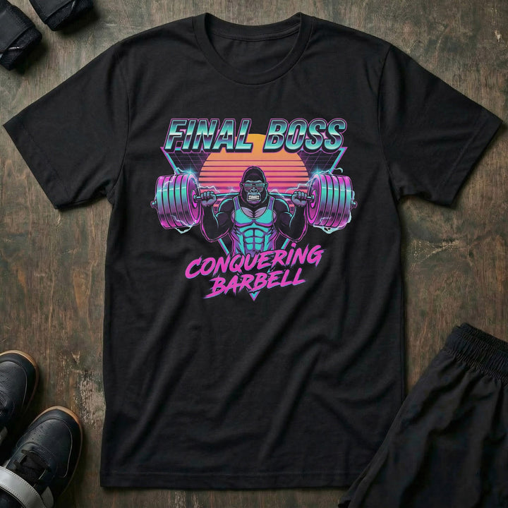 Final Boss tee in Black: a retro 80s-style gorilla squatting heavy against a neon sunset