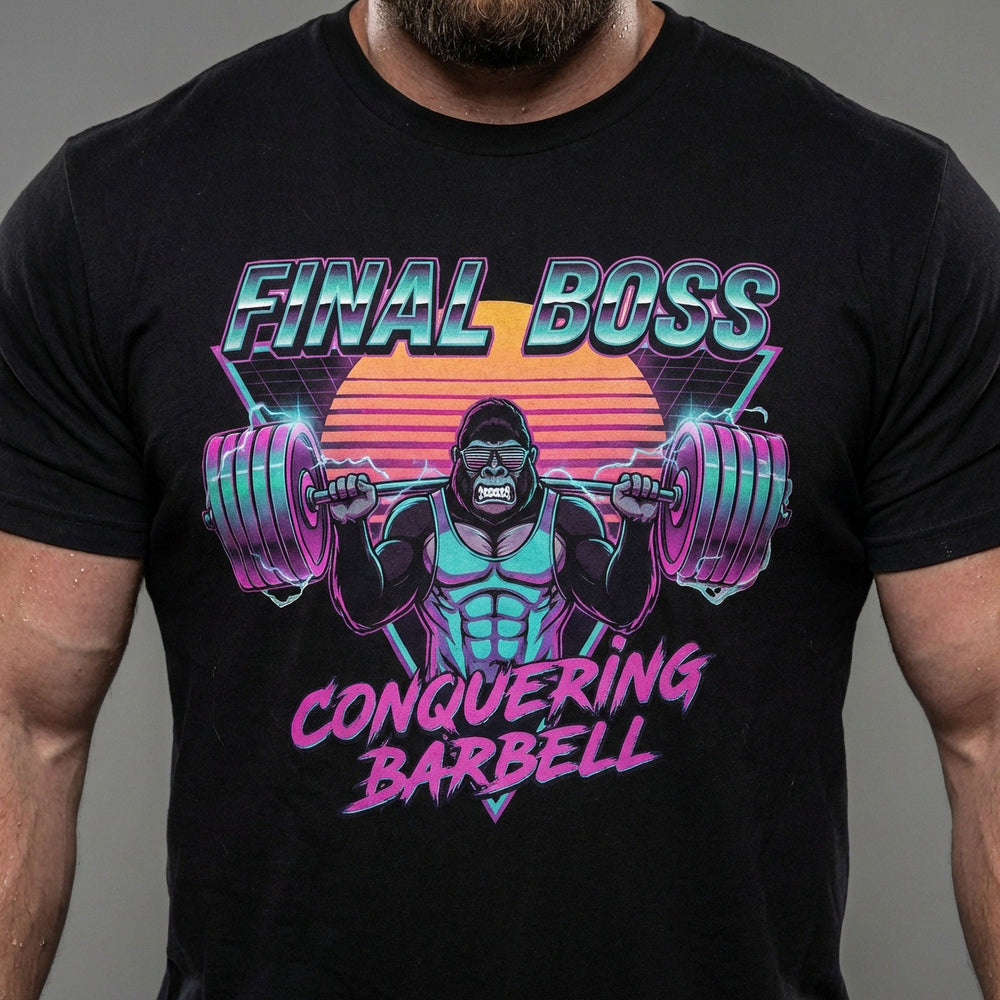 Final Boss tee in Black: a retro 80s-style gorilla squatting heavy against a neon sunset