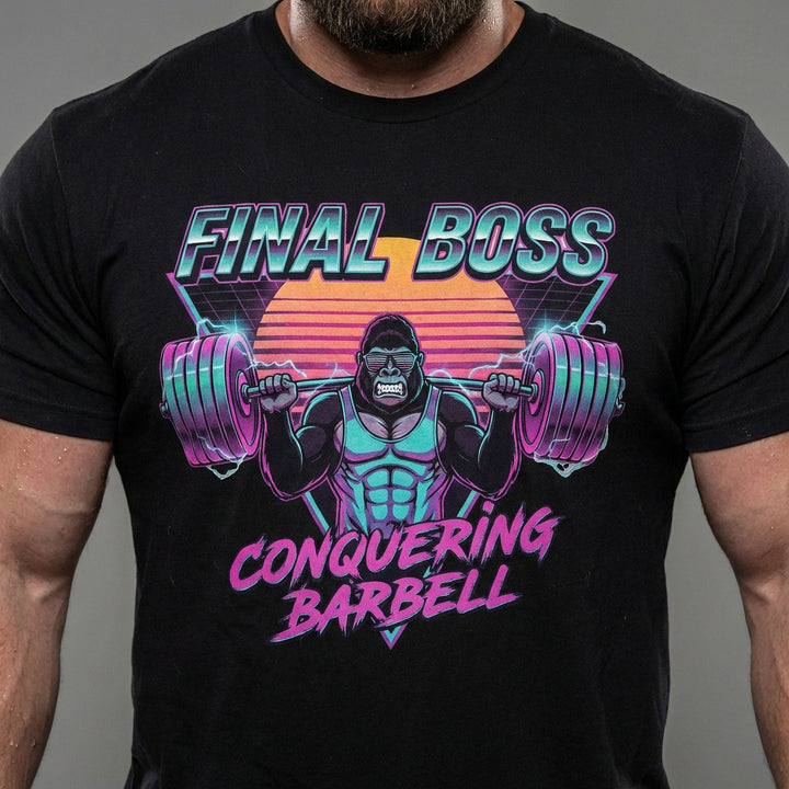 Final Boss tee in Black: a retro 80s-style gorilla squatting heavy against a neon sunset