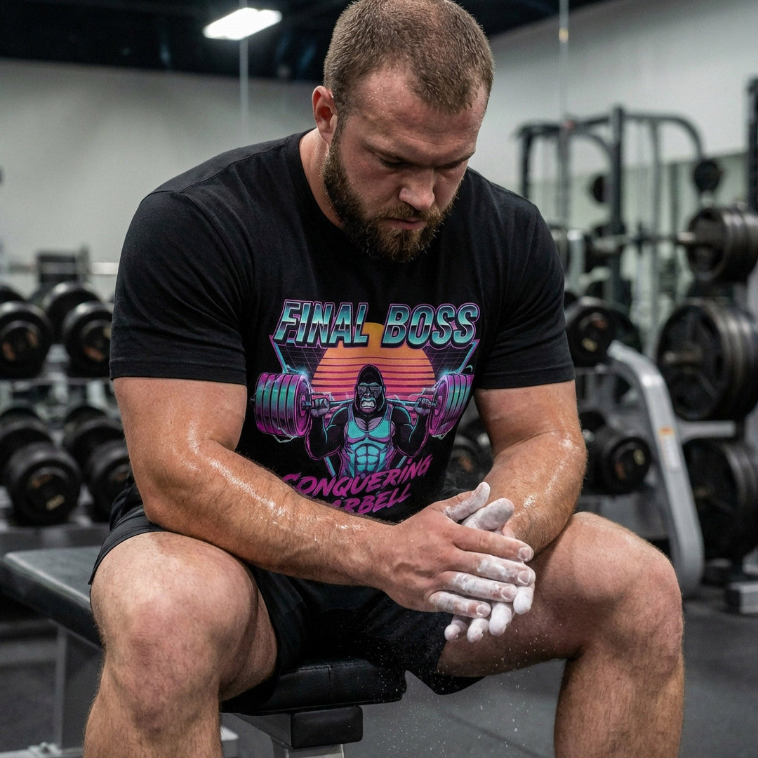 Final Boss tee in Black: a retro 80s-style gorilla squatting heavy against a neon sunset