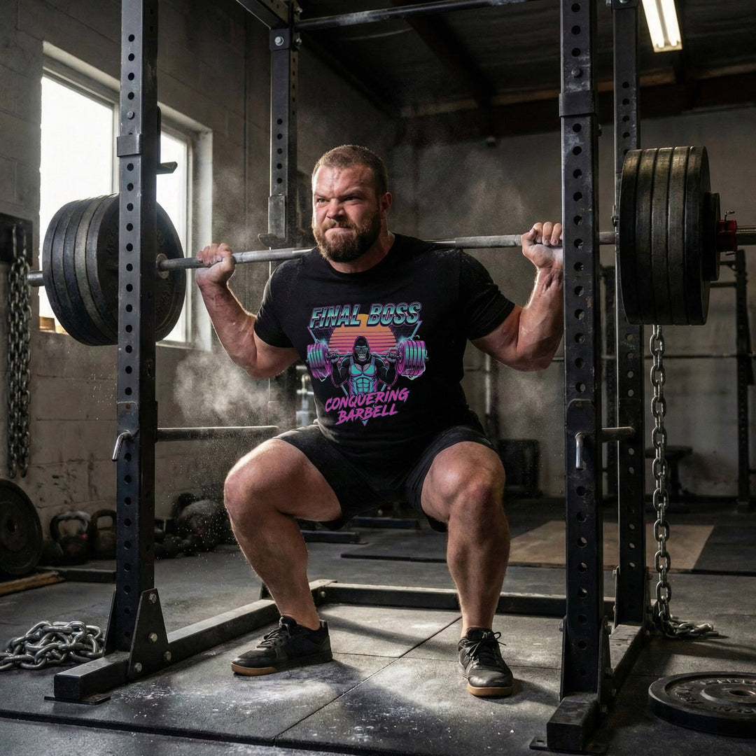 Final Boss tee in Black: a retro 80s-style gorilla squatting heavy against a neon sunset