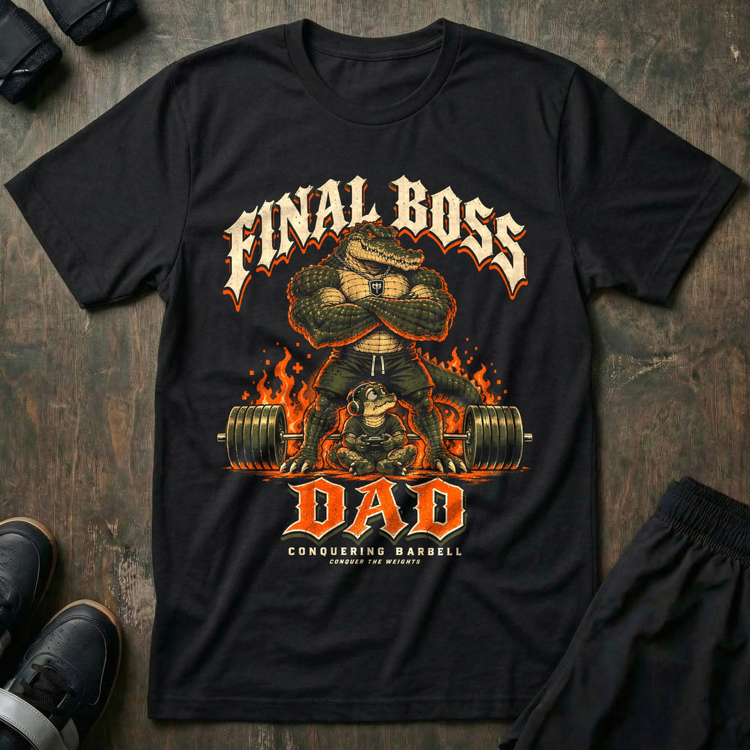 Final Boss Dad - Tee front graphic in Black with an alligator dad with crossed arms standing over a loaded barbell and flames while a young alligator with a headset plays a video game - Conquering Barbell