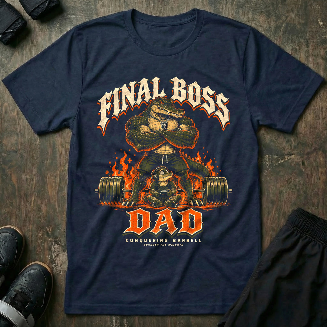 Final Boss Dad - Tee front graphic in Navy with an alligator dad with crossed arms standing over a loaded barbell and flames while a young alligator with a headset plays a video game - Conquering Barbell