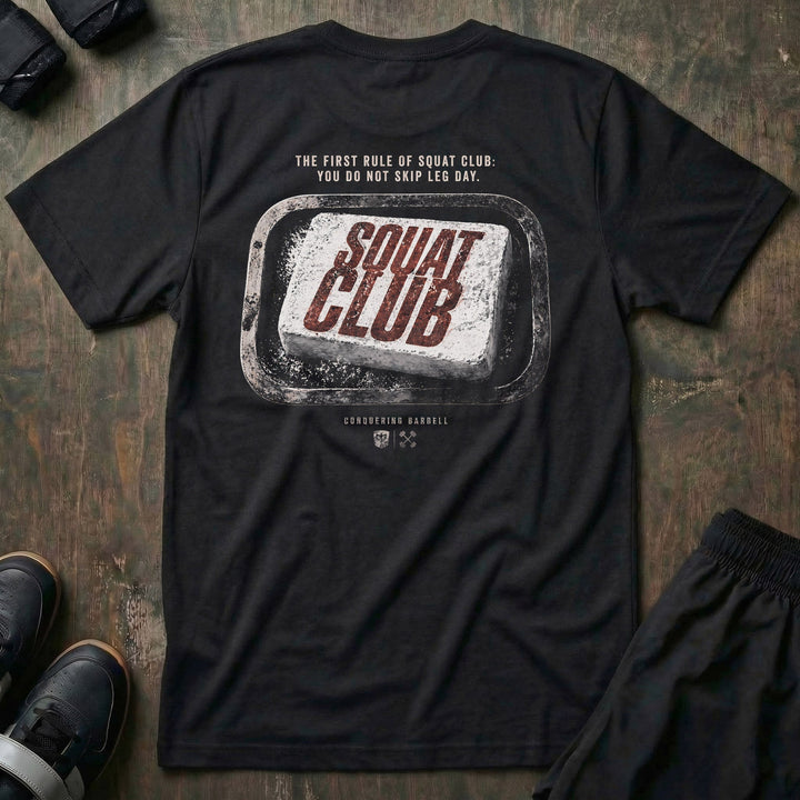 First Rule tee in Black: a worn chalk block stamped with SQUAT CLUB in bold red lettering