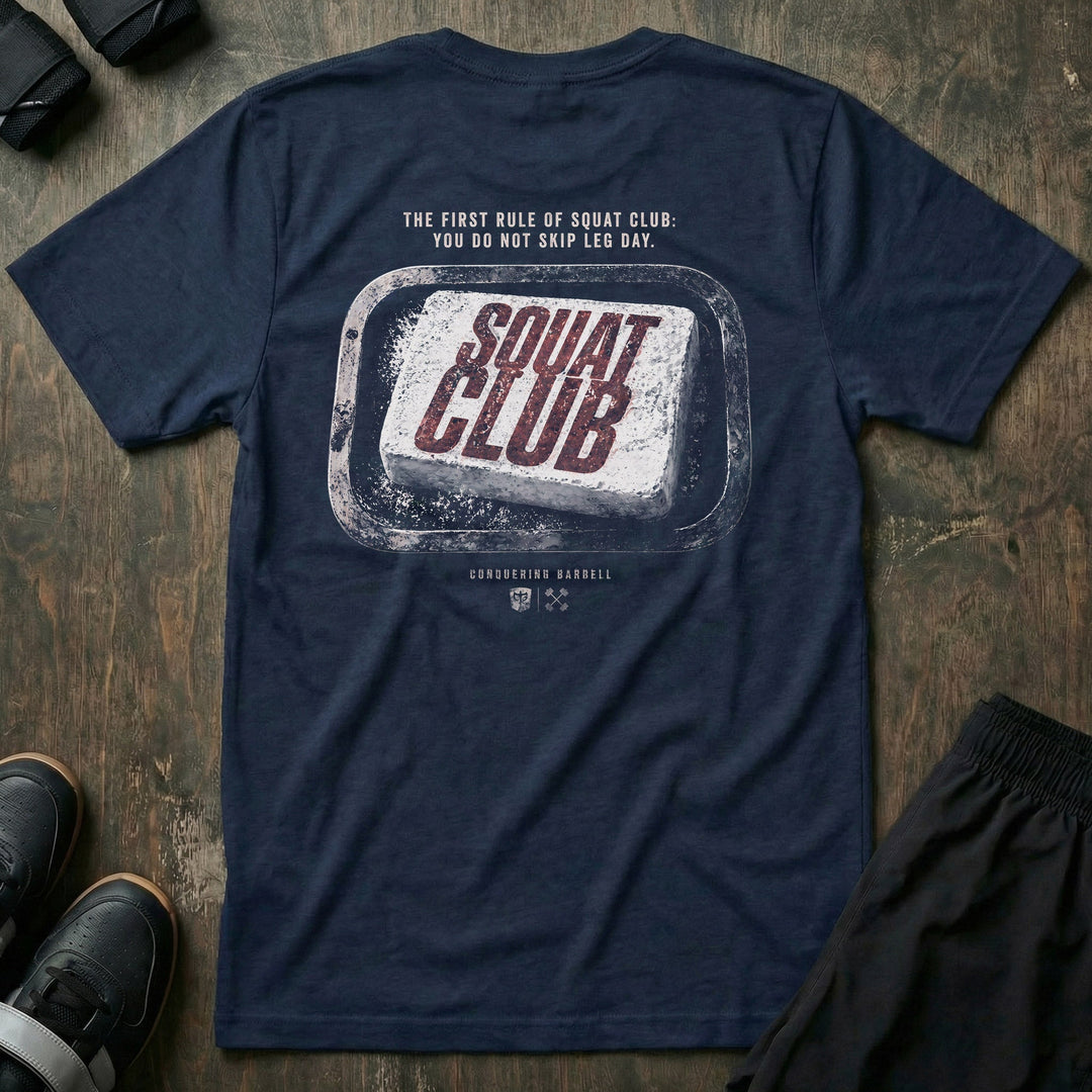 First Rule tee in Navy: a worn chalk block stamped with SQUAT CLUB in bold red lettering