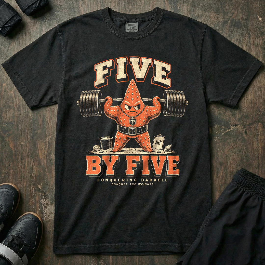 Five by Five - Relaxed Fit Tee front graphic in Black with a starfish in a lifting belt squatting a loaded barbell beside a tally sheet - Conquering Barbell