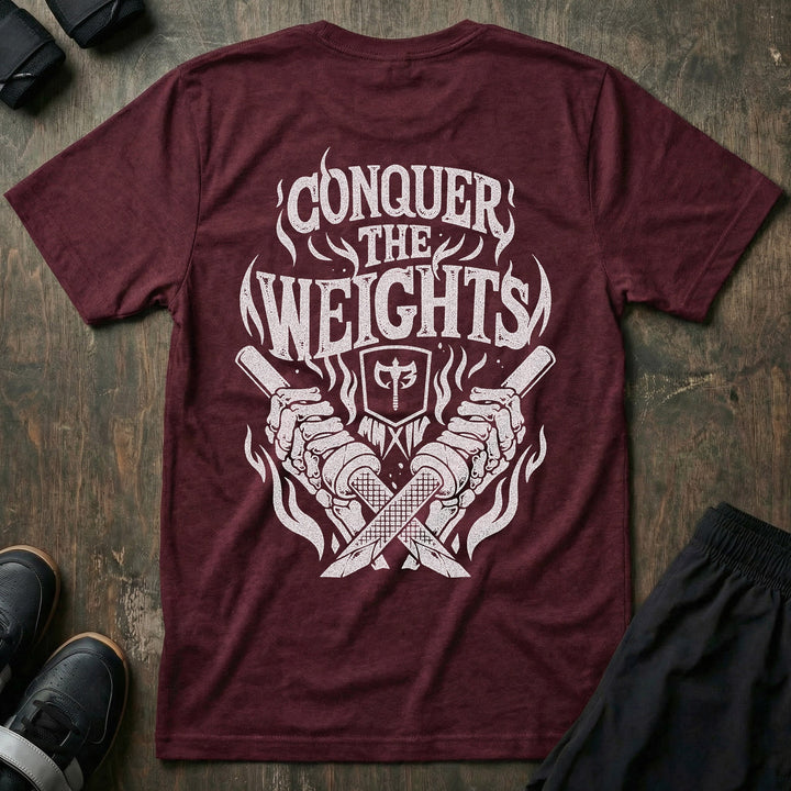 Flames tee in Maroon: crossed barbells with the CB shield at the center and flames rising around them