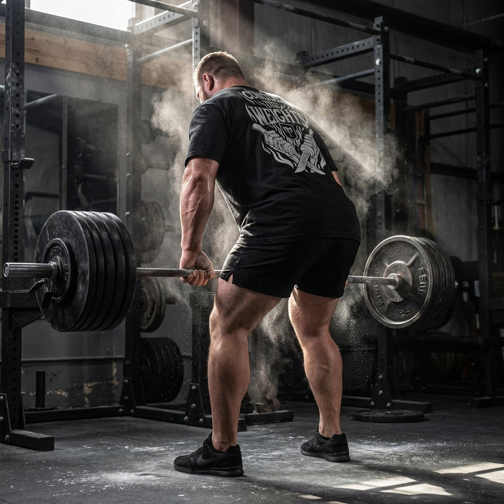 Flames tee: crossed barbells with the CB shield at the center and flames rising around them