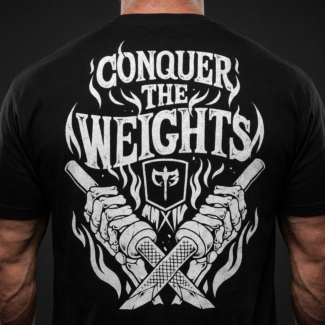 Flames tee: crossed barbells with the CB shield at the center and flames rising around them