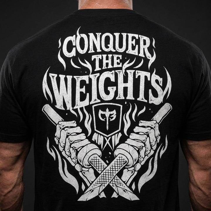 Flames tee: crossed barbells with the CB shield at the center and flames rising around them