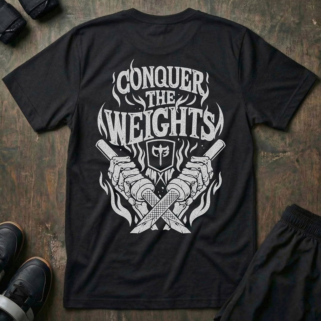 Flames tee in Black: crossed barbells with the CB shield at the center and flames rising around them