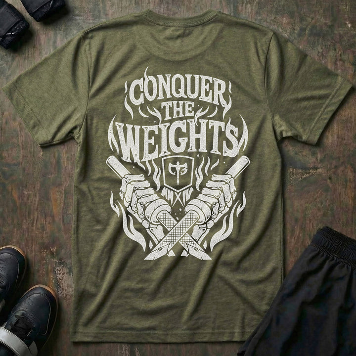 Flames tee in Military: crossed barbells with the CB shield at the center and flames rising around them