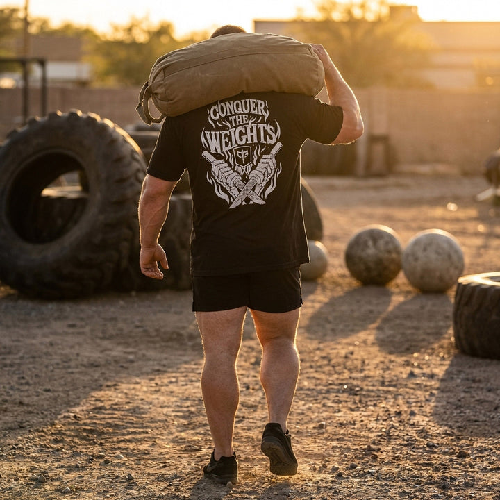 Flames tee: crossed barbells with the CB shield at the center and flames rising around them