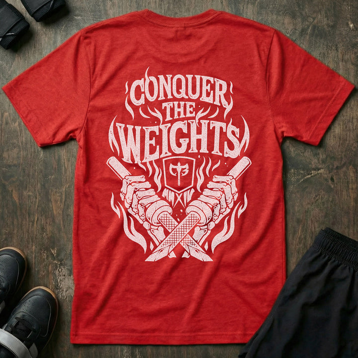 Flames tee in Red: crossed barbells with the CB shield at the center and flames rising around them
