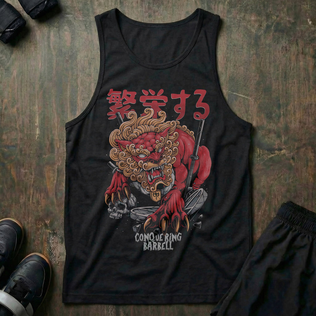 Foo Dog V2 - on Black tank top - Conquering Barbell