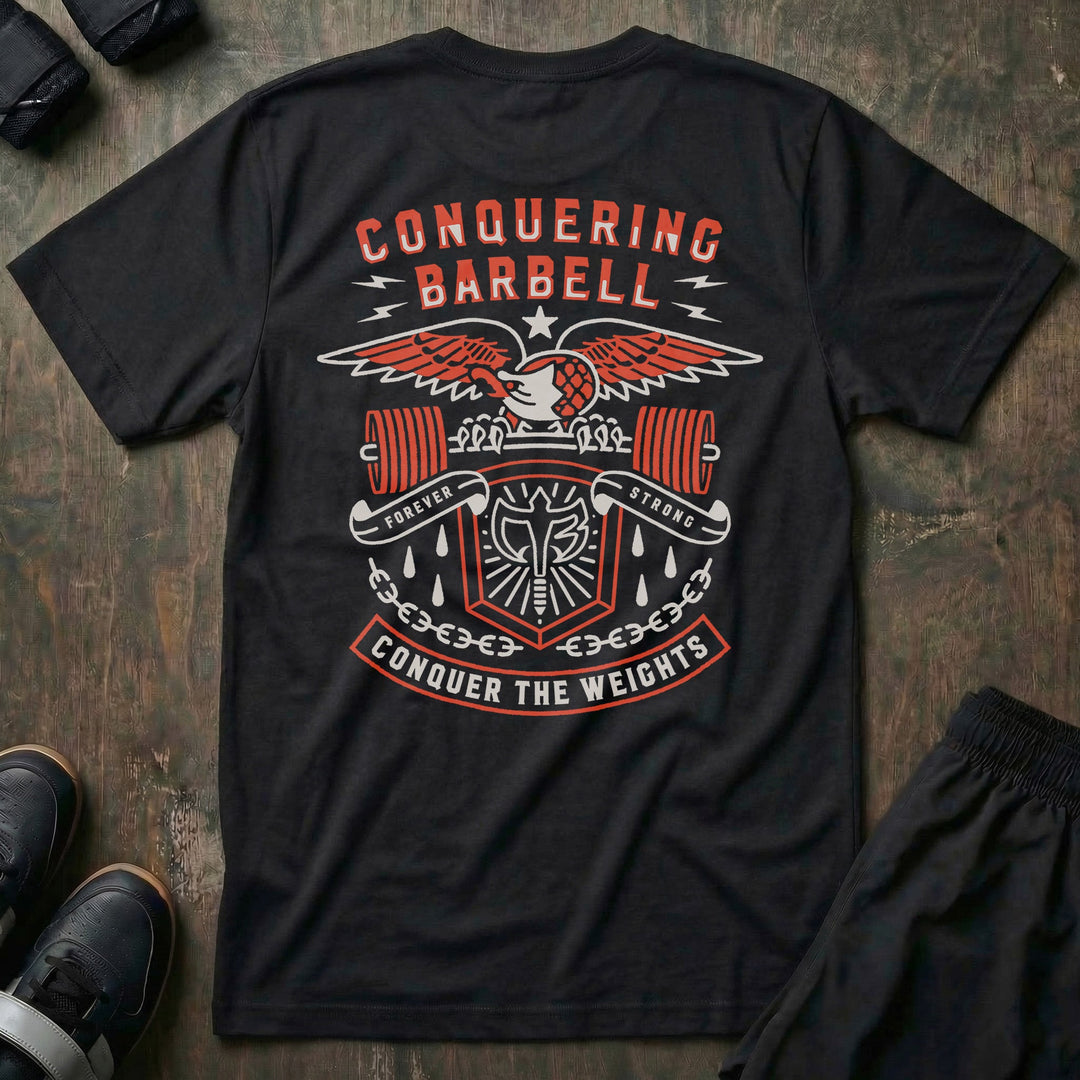 Forever Strong tee in Black: an eagle with wings spread gripping a loaded barbell over the CB shield draped in chains