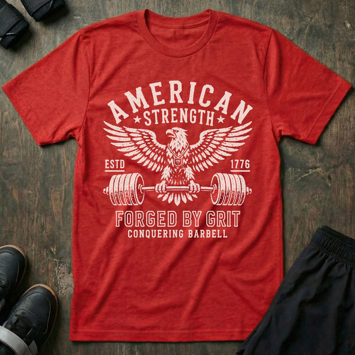 Forged by Grit tee in Red: a battle-worn bald eagle with wings spread wide