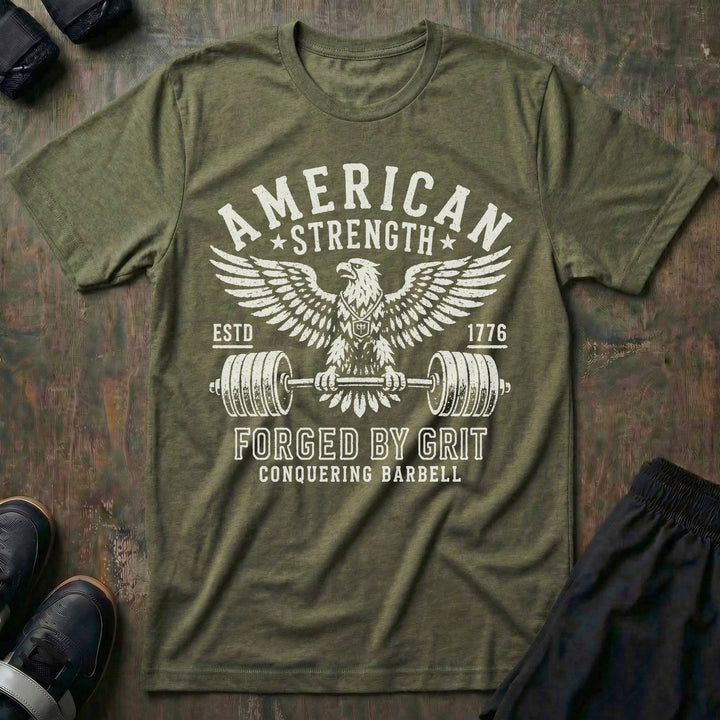 Forged by Grit tee in Military: a battle-worn bald eagle with wings spread wide