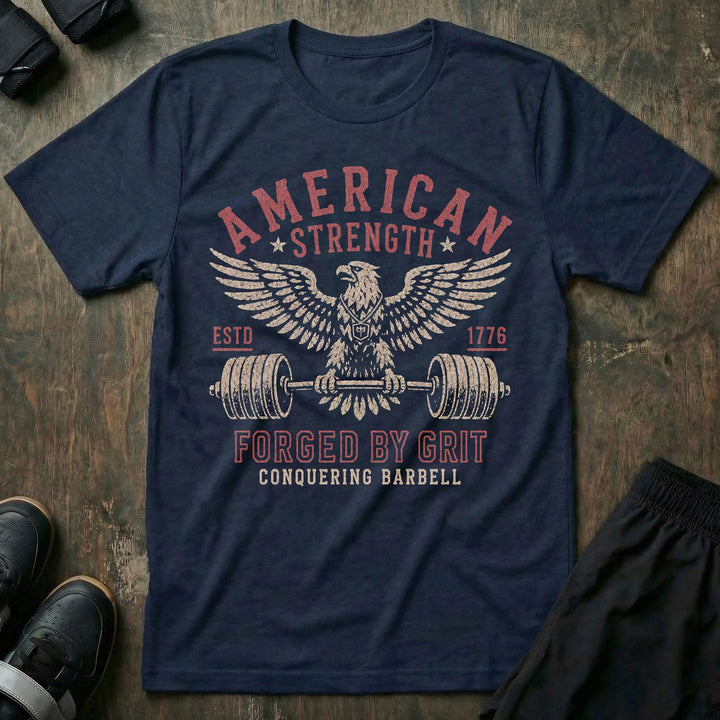 Forged by Grit tee in Navy: a battle-worn bald eagle with wings spread wide