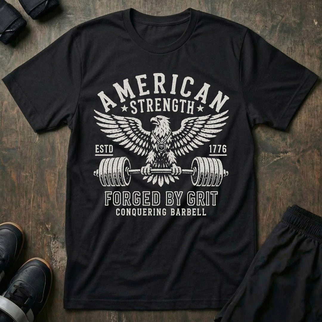 Forged by Grit tee in Black: a battle-worn bald eagle with wings spread wide