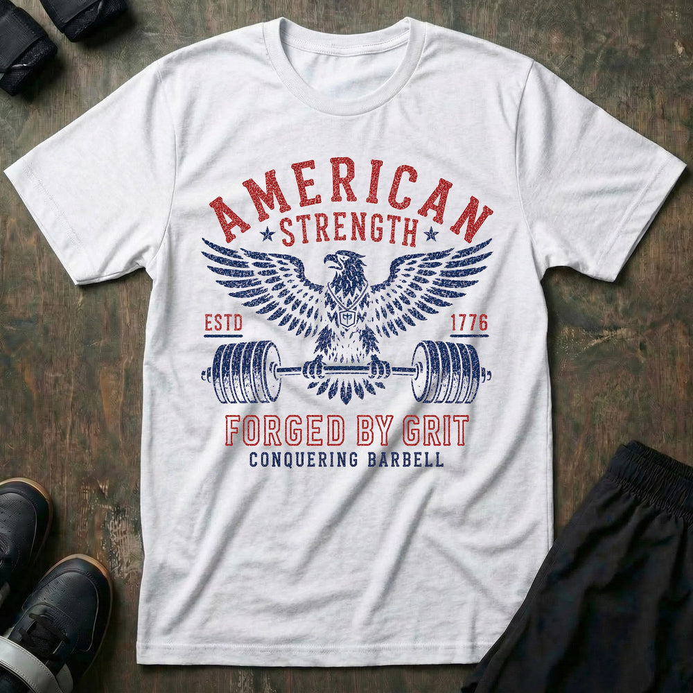 Forged by Grit tee in White: a battle-worn bald eagle with wings spread wide