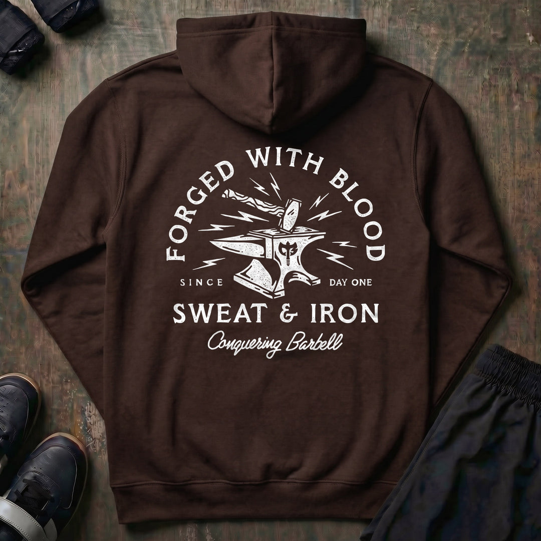 Forged with Blood, Sweat &amp; Iron pullover hoodie in Brown, back print