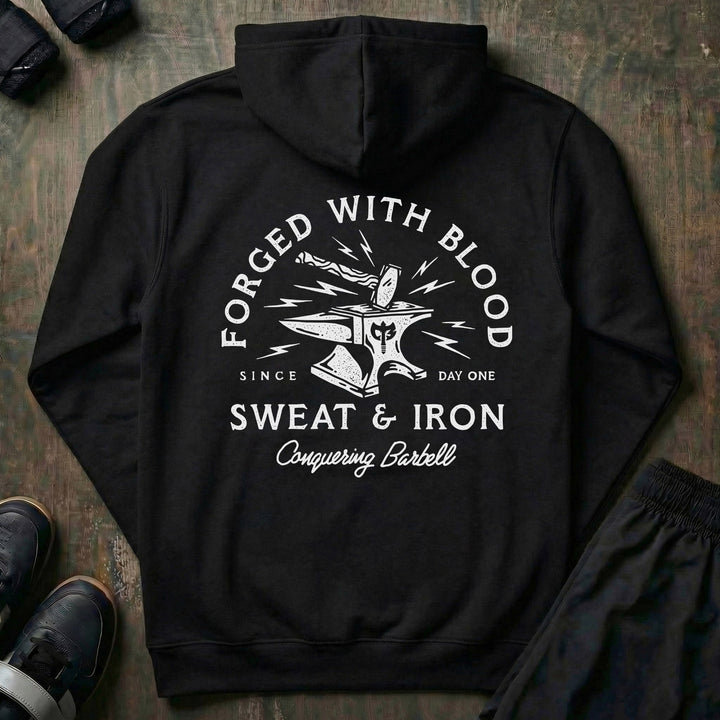 Forged with Blood, Sweat &amp; Iron - on Burgandy Pullover Hoodie - Conquering Barbell
