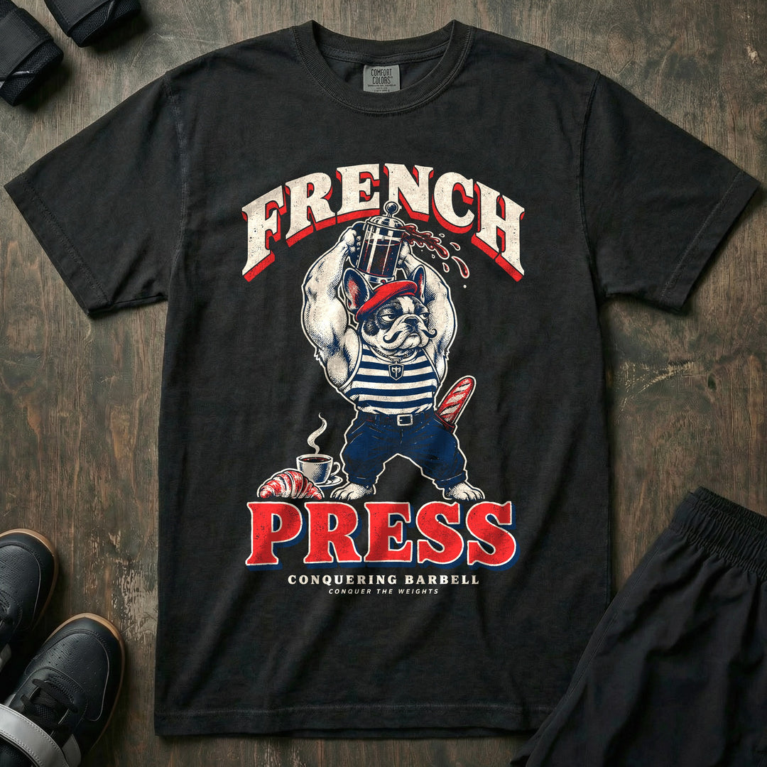 French Press - Relaxed Fit Tee front graphic in Black with a French bulldog in a beret and striped shirt pressing a coffee press overhead - Conquering Barbell