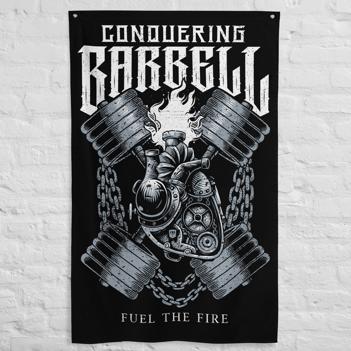 Fuel the Fire - Polyester Flag, vertical gym flag hanging in a home gym - Conquering Barbell