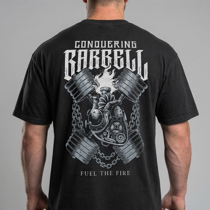 Fuel the Fire relaxed fit tee in Black: a steampunk mechanical heart with flames