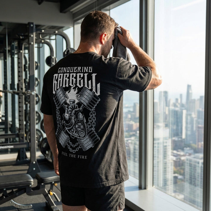 Fuel the Fire relaxed fit tee in Black: a steampunk mechanical heart with flames
