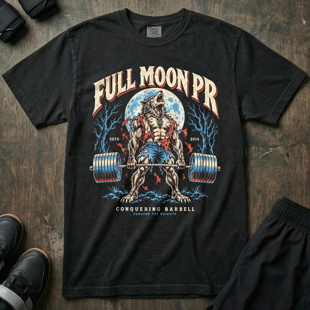 Full Moon PR - Relaxed Fit Tee front graphic in Black with a werewolf howling at a full moon at deadlift lockout - Conquering Barbell