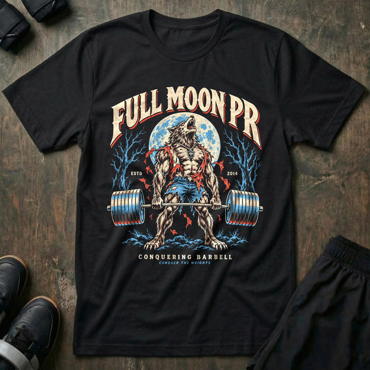 Full Moon PR - Tee front graphic in Black with a werewolf howling at a full moon at deadlift lockout - Conquering Barbell