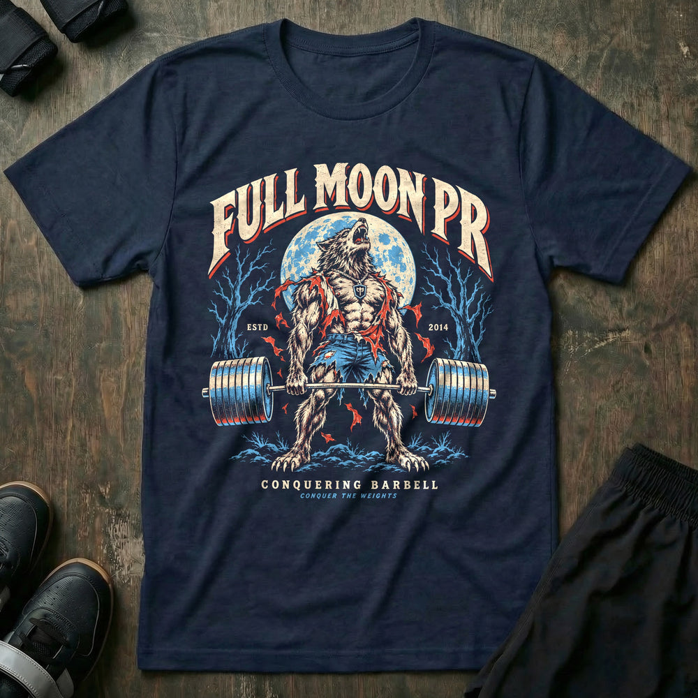 Full Moon PR - Tee front graphic in Navy with a werewolf howling at a full moon at deadlift lockout - Conquering Barbell