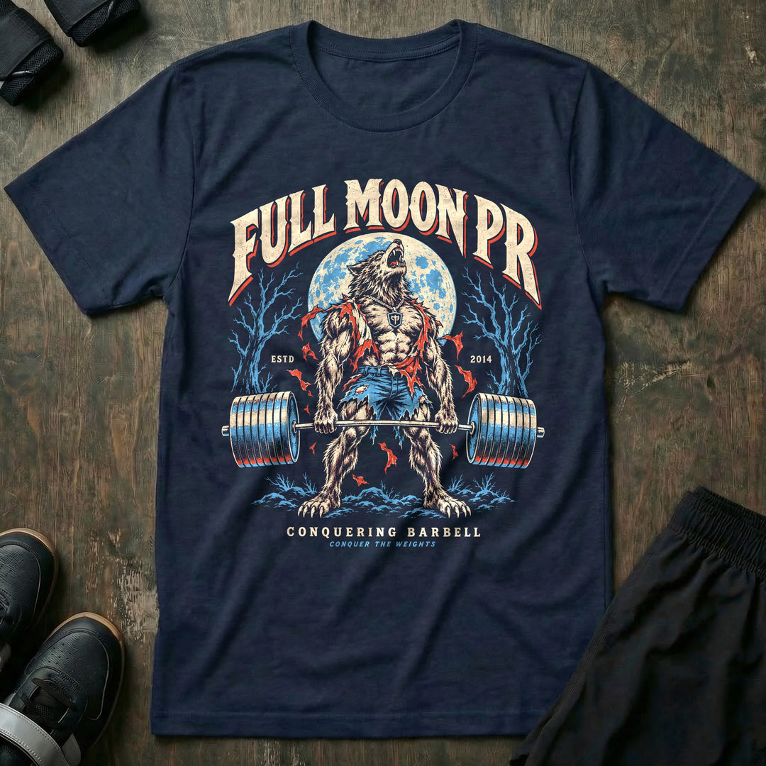 Full Moon PR - Tee front graphic in Navy with a werewolf howling at a full moon at deadlift lockout - Conquering Barbell
