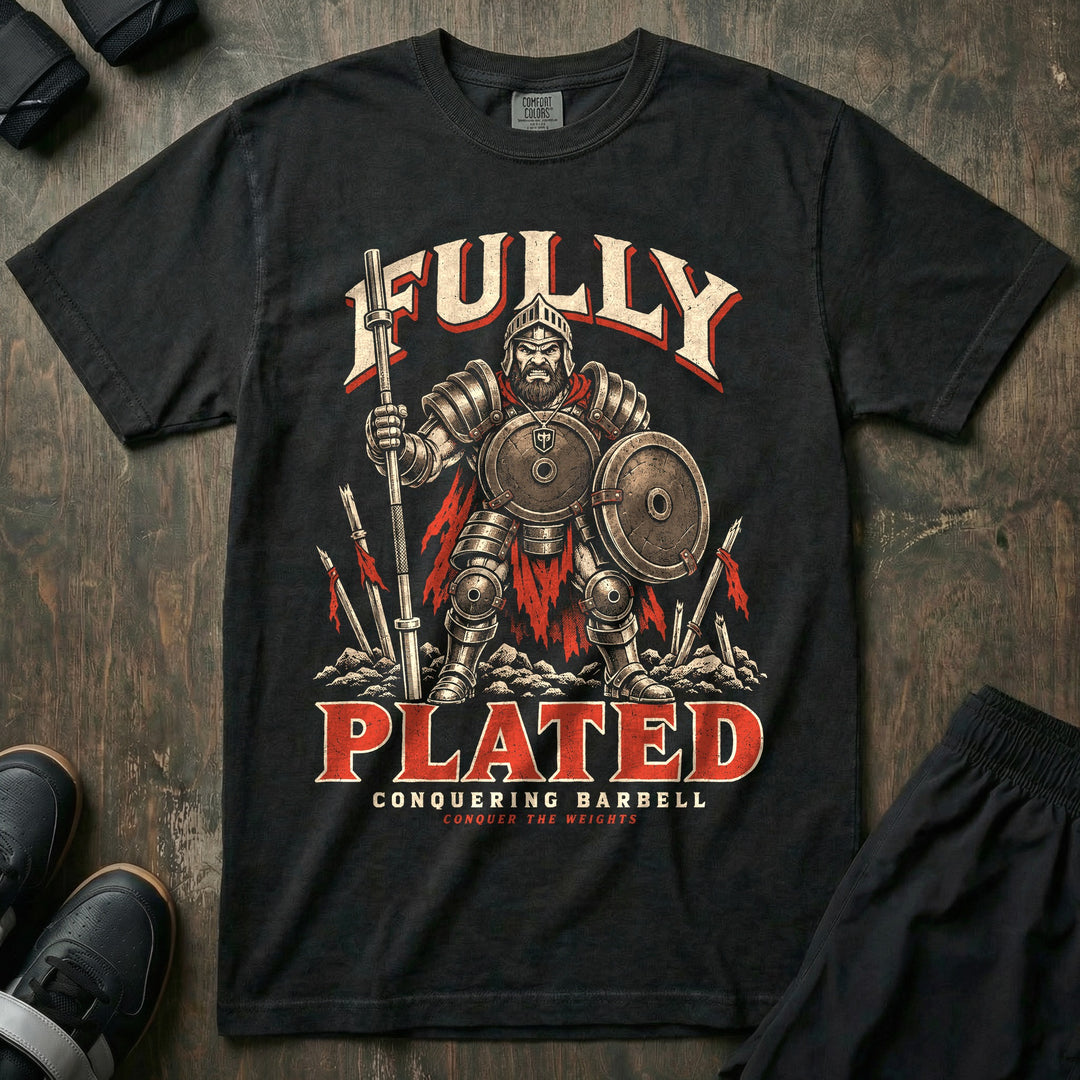 Fully Plated - Relaxed Fit Tee front graphic in Black with a knight in full plate armor holding a barbell with weight plates as shields - Conquering Barbell