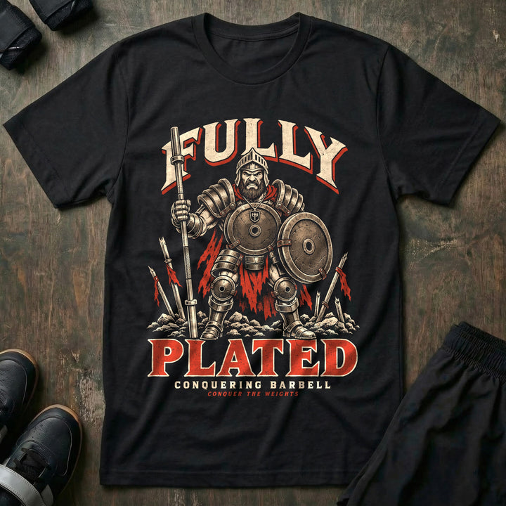 Fully Plated - Tee front graphic in Black with a knight in full plate armor holding a barbell with weight plates as shields - Conquering Barbell