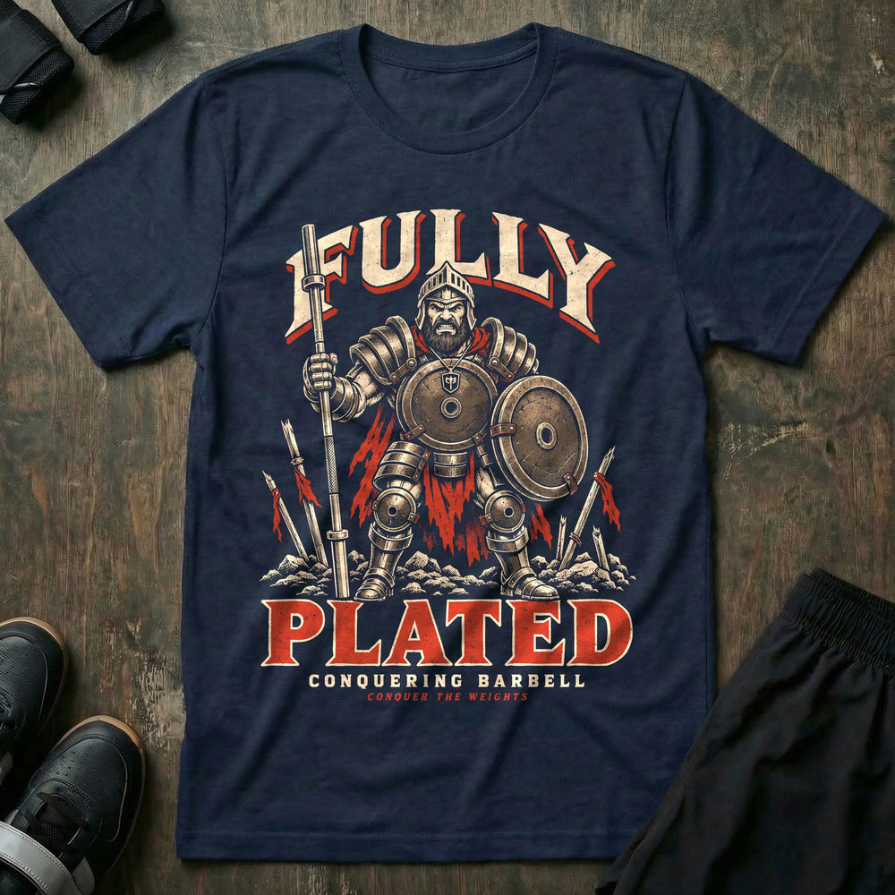 Fully Plated - Tee front graphic in Navy with a knight in full plate armor holding a barbell with weight plates as shields - Conquering Barbell