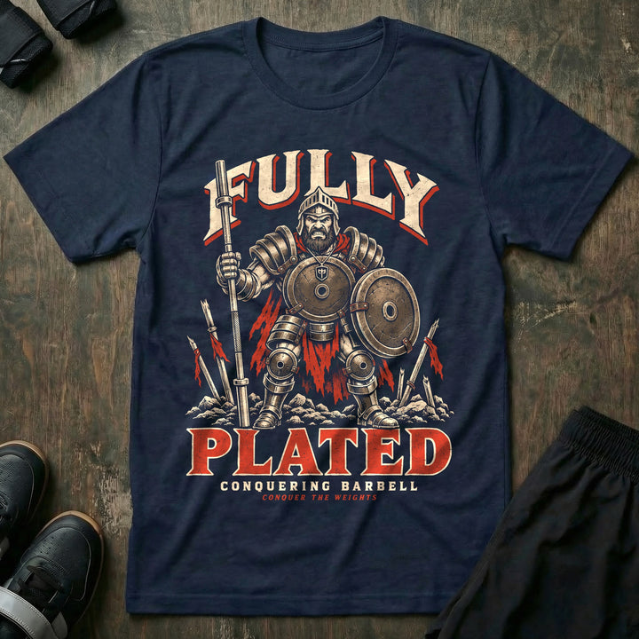 Fully Plated - Tee front graphic in Navy with a knight in full plate armor holding a barbell with weight plates as shields - Conquering Barbell