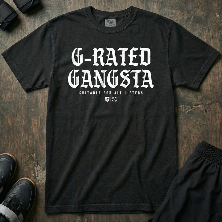G-Rated Gangsta - Relaxed Fit Tee front graphic in Black with G-RATED GANGSTA in blackletter over SUITABLE FOR ALL LIFTERS and the Conquering Barbell shield - Conquering Barbell