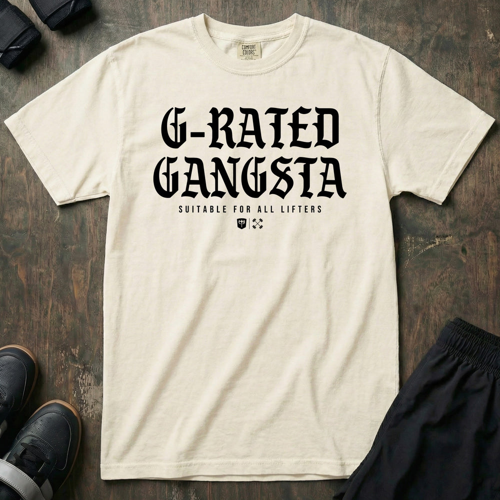 G-Rated Gangsta - Relaxed Fit Tee front graphic in Ivory with G-RATED GANGSTA in blackletter over SUITABLE FOR ALL LIFTERS and the Conquering Barbell shield - Conquering Barbell