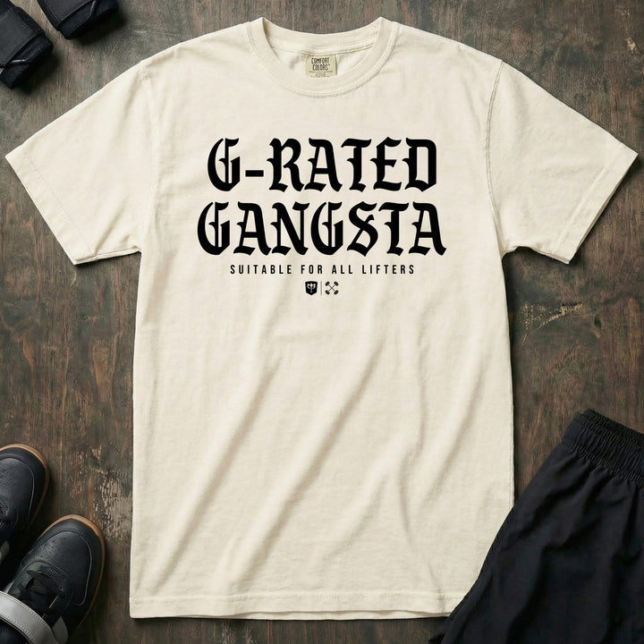 G-Rated Gangsta - Relaxed Fit Tee front graphic in Ivory with G-RATED GANGSTA in blackletter over SUITABLE FOR ALL LIFTERS and the Conquering Barbell shield - Conquering Barbell