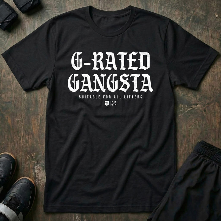 G-Rated Gangsta - Tee front graphic in Black with G-RATED GANGSTA in blackletter over SUITABLE FOR ALL LIFTERS and the Conquering Barbell shield - Conquering Barbell
